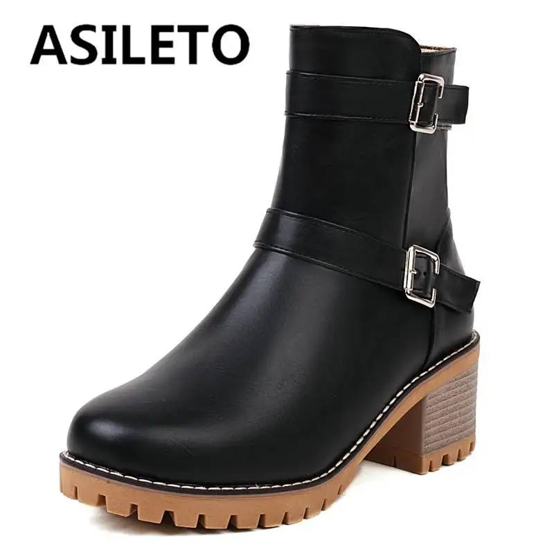 

Женские короткие сапоги ASILETO 15 см с круглым носком на массивном каблуке 5,5 см пряжки для ремня на молнии Большие размеры 43 однотонная классическая женская обувь S4402