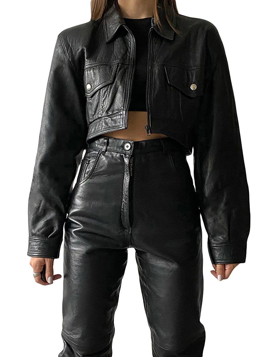 

Женская укороченная куртка из искусственной кожи с длинным рукавом и отложным воротником