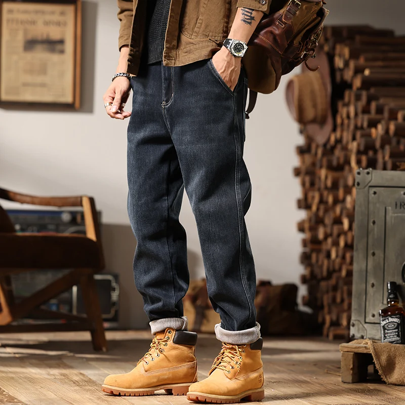 2024 высококачественные зимние теплые свободные зауженные прямые джинсы с