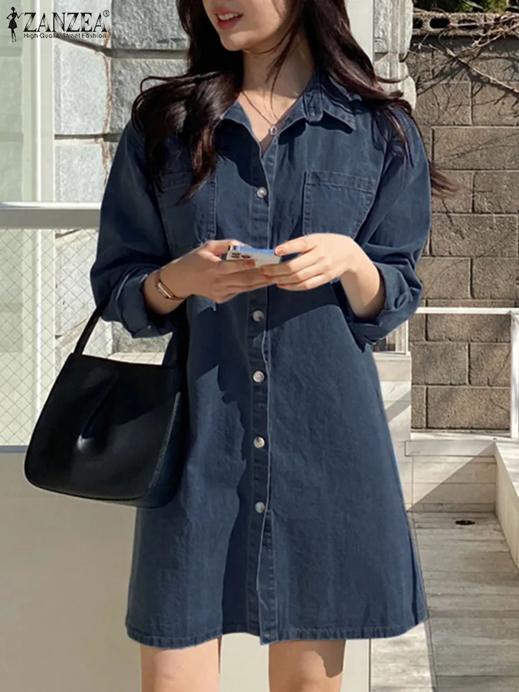 

Коллекция ZANZEA 2023 года, корейская мода, Женский Осенний сарафан с отложным воротником и длинным рукавом, Стильное повседневное платье для работы, платье-Кафтан из джинсовой ткани
