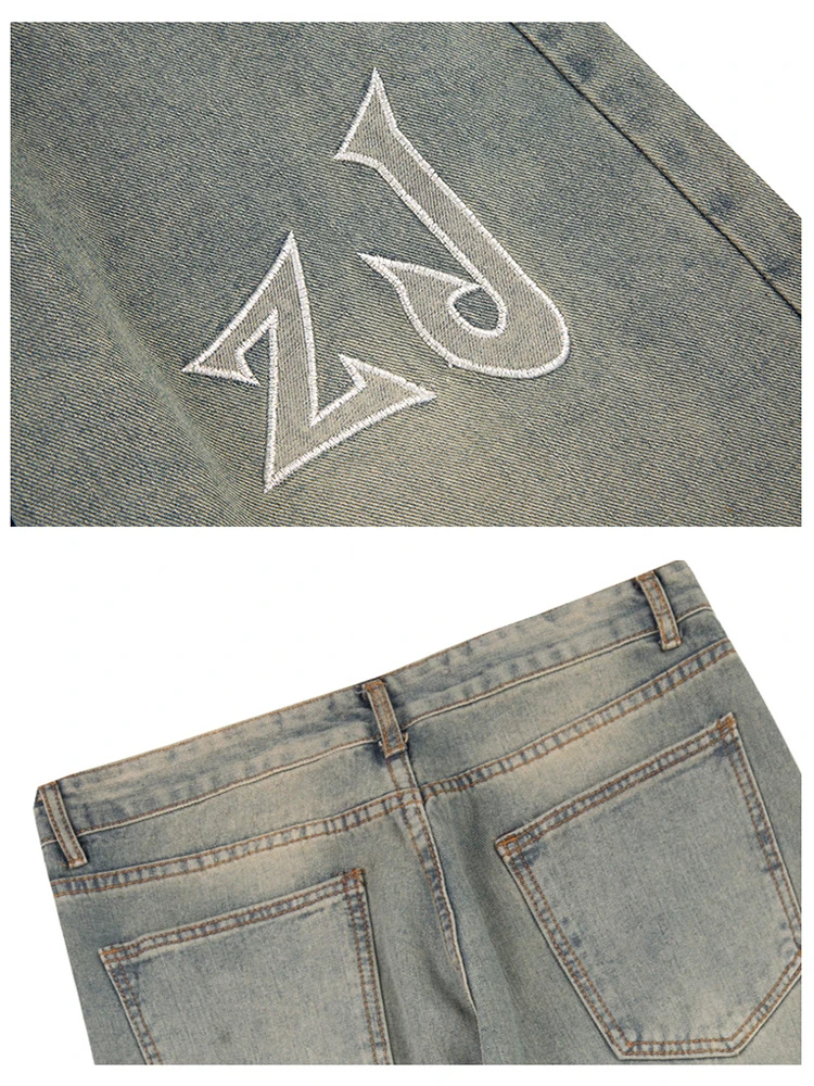 American Hip -hop Y2k Jeans Embroidered Male Loose Straight Tube Retro Old Water Washed Wide -leg Pants Clothing Jeans Casual