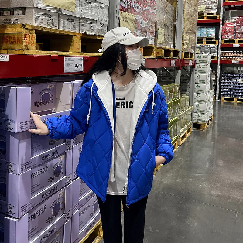 GRELLER Rhombus Pattern Spliced Hooded Parkas Short Women Jacket Winter Coat Cotton Padded Female Baseball Puffer Jacket Clothes