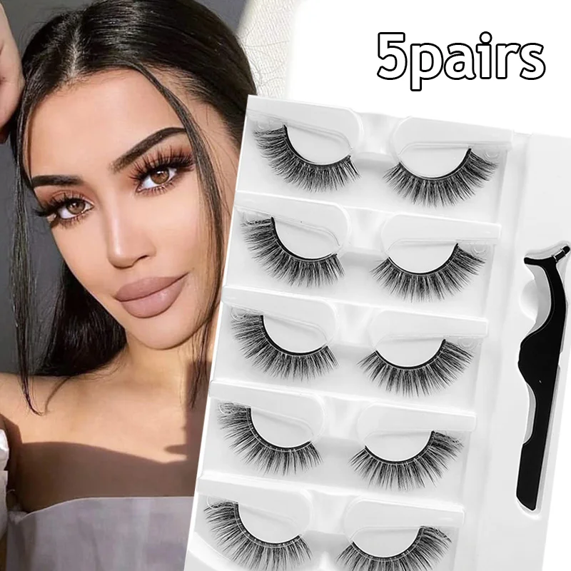 

New 5/1 Pairs/Box Self-adhesive Reusable Fake Eyelashes With Tweezer Glue-Free Lashes Natural Curly Eyelashes 3 Seconds To Wear