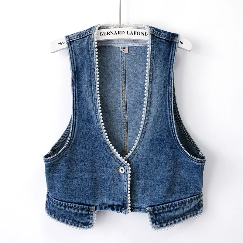 

Vintage Blue Beading V Neck Denim Vest Women Waistcoat Cowboy Sleeveless Jacket Korean Slim Short Cardigan Jeans Vests Female