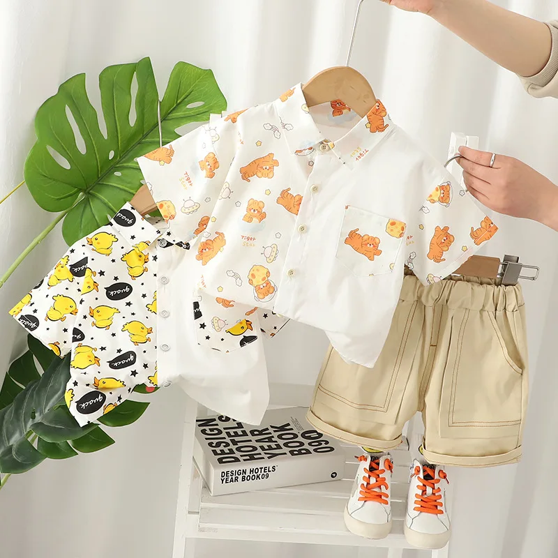 

New Summer Child Clothes Sets Short Sleeve Turn-down Collar Patchwork Print Duck 2 Piece Sets Designer Boys Clothes Sets 12M-5T