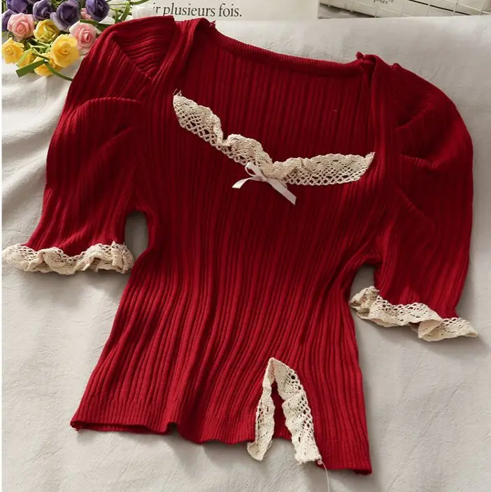 

Lace Square Collar T-shirt Tops Tees Female Short Puff Sleeve Stretchy Slim Crop Tshirt Top For Women Clothes Mujer Camisetas