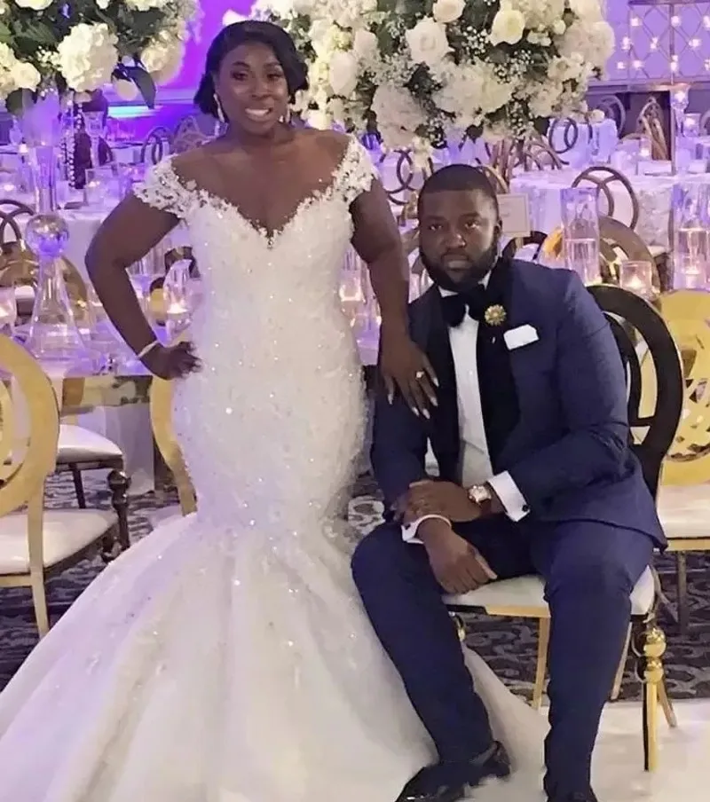 

Africa Mermaid Wedding Dresses 2024 Sheer Neck Short Sleeves Lace Applique Sweep Train Beaded Vestido De Novia Bridal Gowns