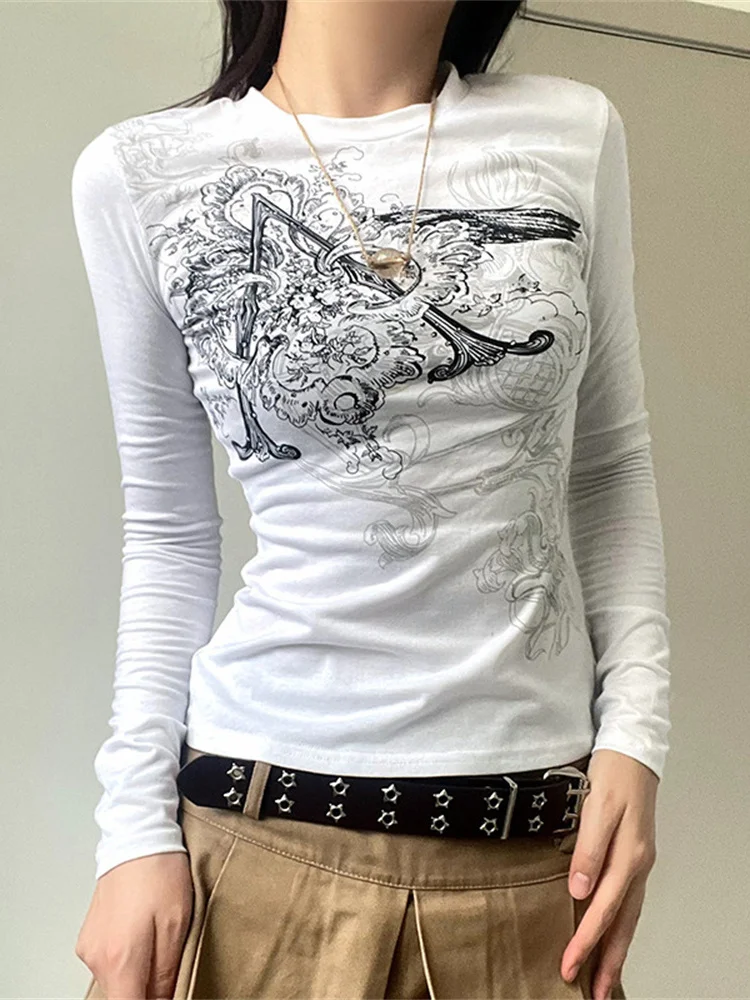 

Женская Винтажная футболка с длинным рукавом, укороченный топ с графическим принтом в стиле инди, модель Y2K на осень, 2023