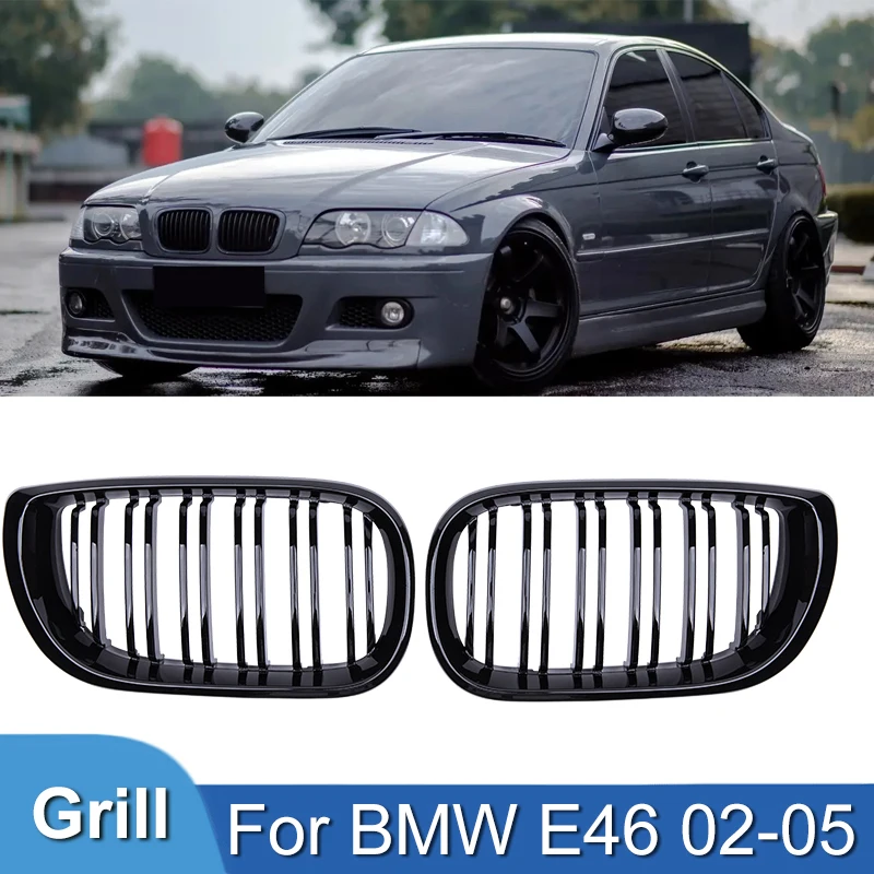 Pulleco For BMW 3 Series E46 Car Front Bumper Grilles Racing Grill Kidney Dual Line Grills Gloss Black Grille 4 Door 2002-2005