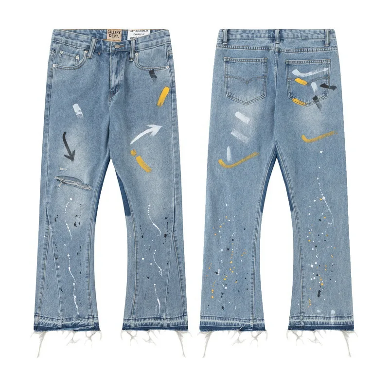 

GALLERY DEPT 2023 New Men And Women Patchwork Hip Hop Jeans Pants Streetwear Splash Ink Flared Destroyed Ripped Wide Leg Pants