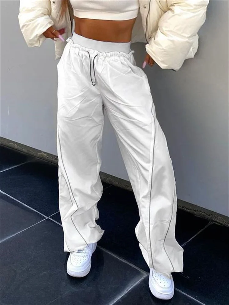 

QWEEK Y2K White Cargo Parachute Pants Women Streetwear Hip Hop 90s Vintage Joggers Sweatpants Baggy Wide Leg Trousers Track