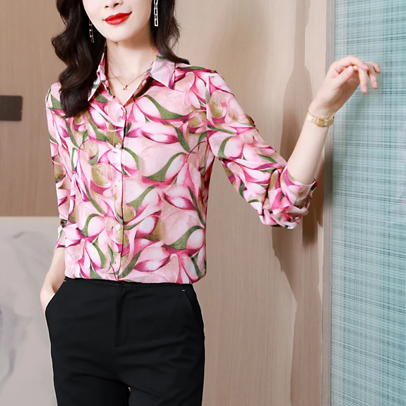 

Silk Floral Printed Womens Shirt Autumn New Fashion Women Top Long Sleeve Satin Satin Office Lady Blouses Camisas De Mujer