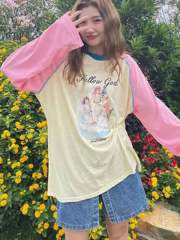 Women T-Shirts 2022 Summer Cute Color Contrast Casual Loose Ladies T-Shirt