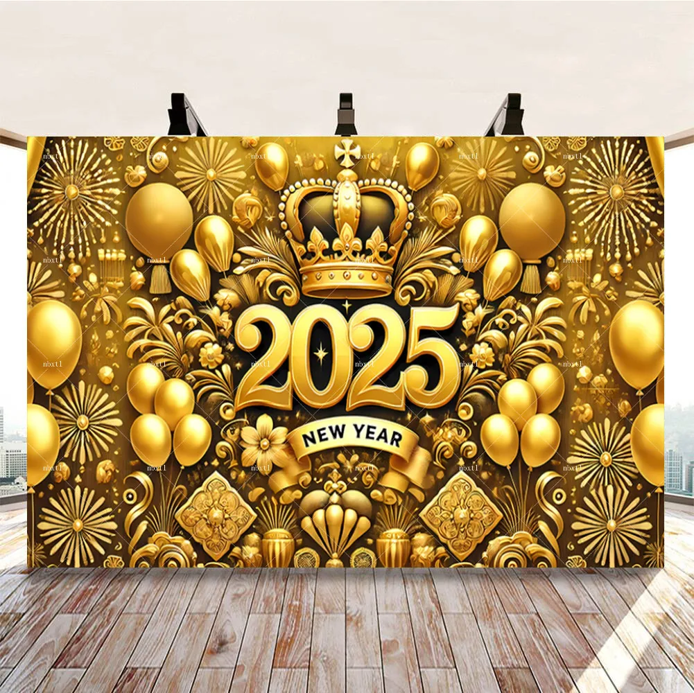 Черное золото 2025 Новогодняя вечеринка фон с обратным отсчетом Корона фейерверк