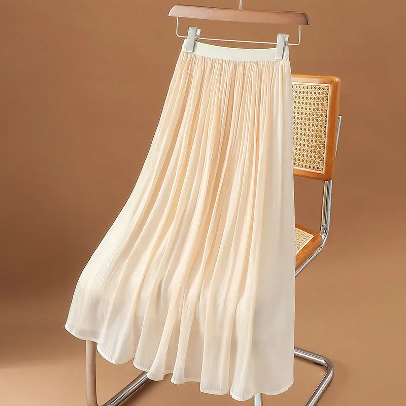 

2023 Women Summer Chiffon Mesh Tulle Long Skirt Fashion High Waist A-line Pleated Skirt Korean Style Harajuku White Skirts B86