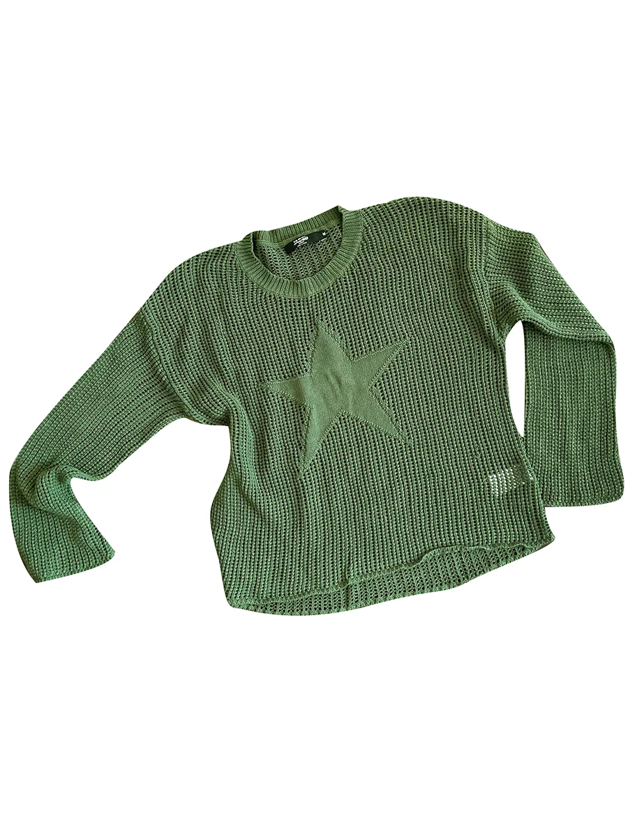 

Women Knitting Star Tops Loose Long Sleeve See Through Casual Party Street Fall Summer Sweatshirt Pullover