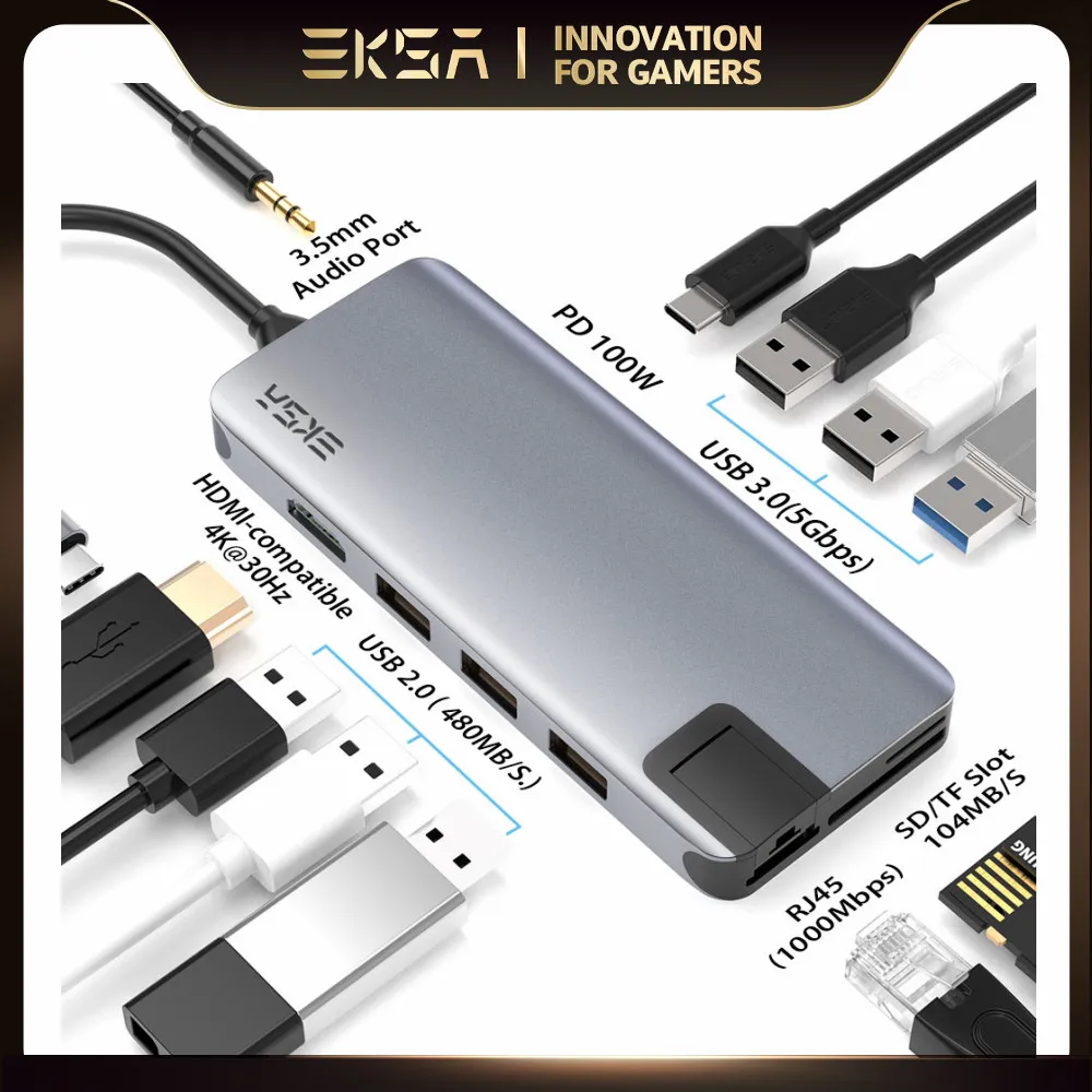 

EKSA USB C HUB Type C to 4K HDMI-compatible USB 3.0/2.0 RJ45 PD 100W Adapter for MacBook Pro Air 12in1 USB C Splitter HUB Dock