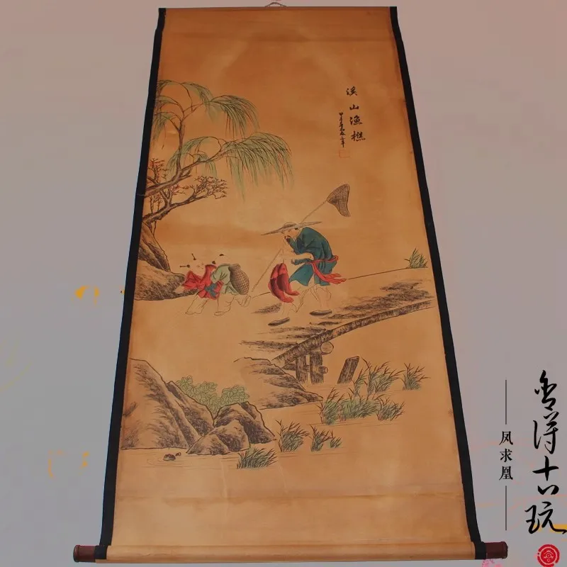 Редкие ручная роспись QingDyansty китайские картины с вертикальной осью, ловля рыбы, нарисованные вручную, бесплатная доставка (art.: 3920cd392c226) - 3920cd392c226
