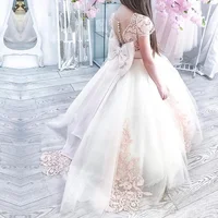 Kids Flower Girls Dresses Cap Sleeve Little Girl Toddlers Wedding Dresses Vintage Pink Lace Princess Communion Pageant Gowns
