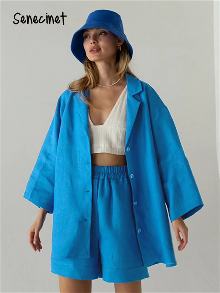 

Senecinet 100% Cotton Fashion Casual Shorts Sets Women Long Sleeve Loose Shirt+Elastic Waist Wide Shorts Two-Piece Suits Autumn