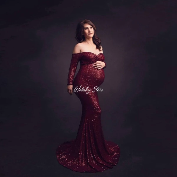 

Burgundy Shiny Sequins Pregnancy Prom Evening Dress Off Shoulders Long Sleeve Mermaid Maternity Dresses Baby Shower Wear Custom