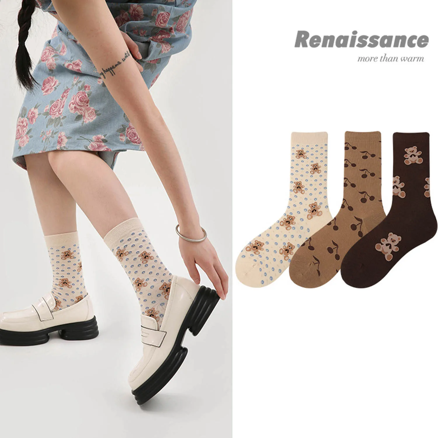 WYXCEN 3 Pairs/Set Renaissance Original Women's Socks Autumn Japanese Cartoon Bear In The Tube Socks Boneless Cotton Socks