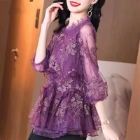 spring clothing 2022 new design sense of niche lace small shirt chic top women blouses solid casual embroidery