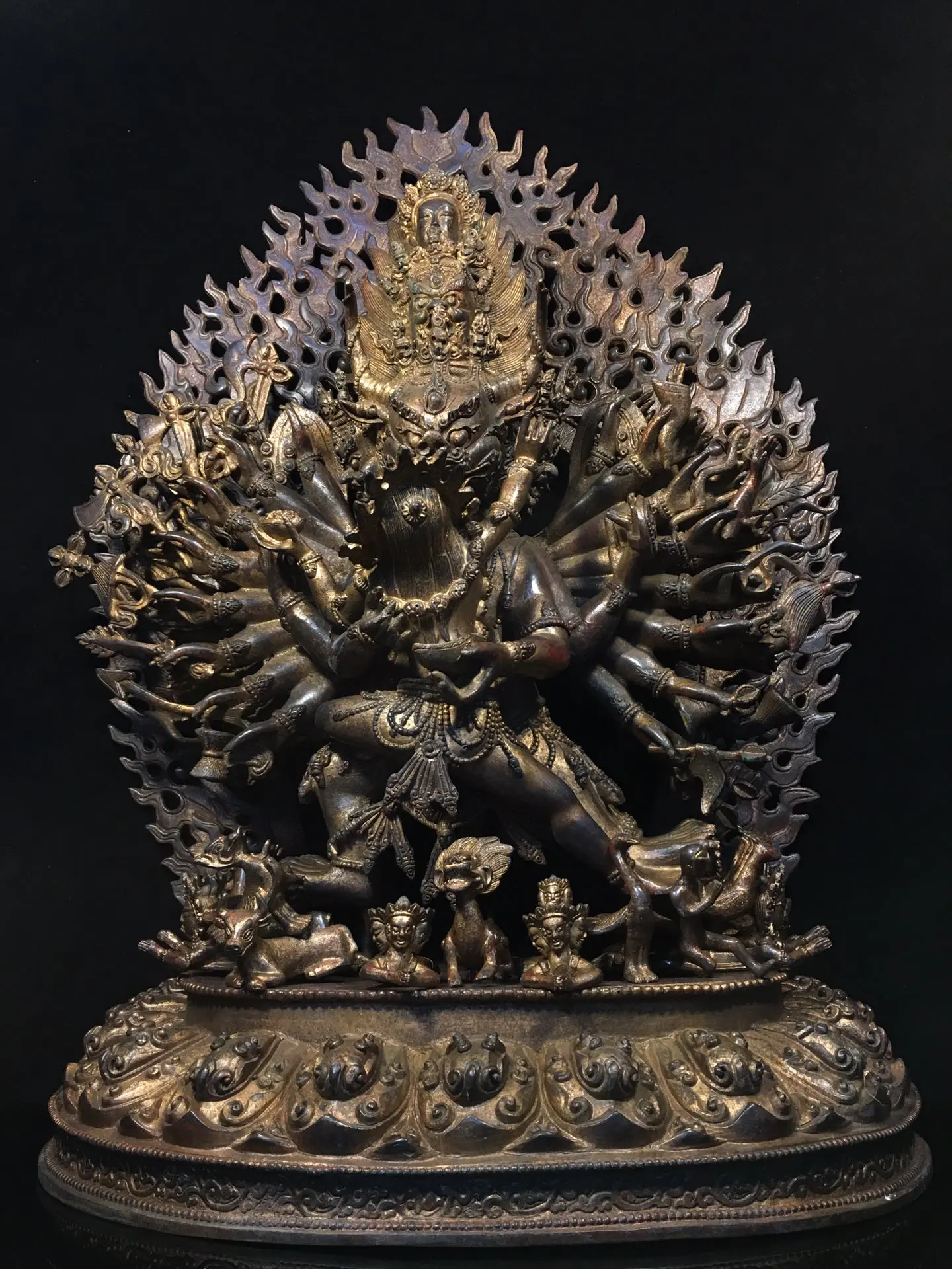 

28"Tibet Temple Collection Old Bronze Cinnabar Mud gold Yamantaka Tibetan Buddha Backlight Yab-Yum Worship Hall Town house