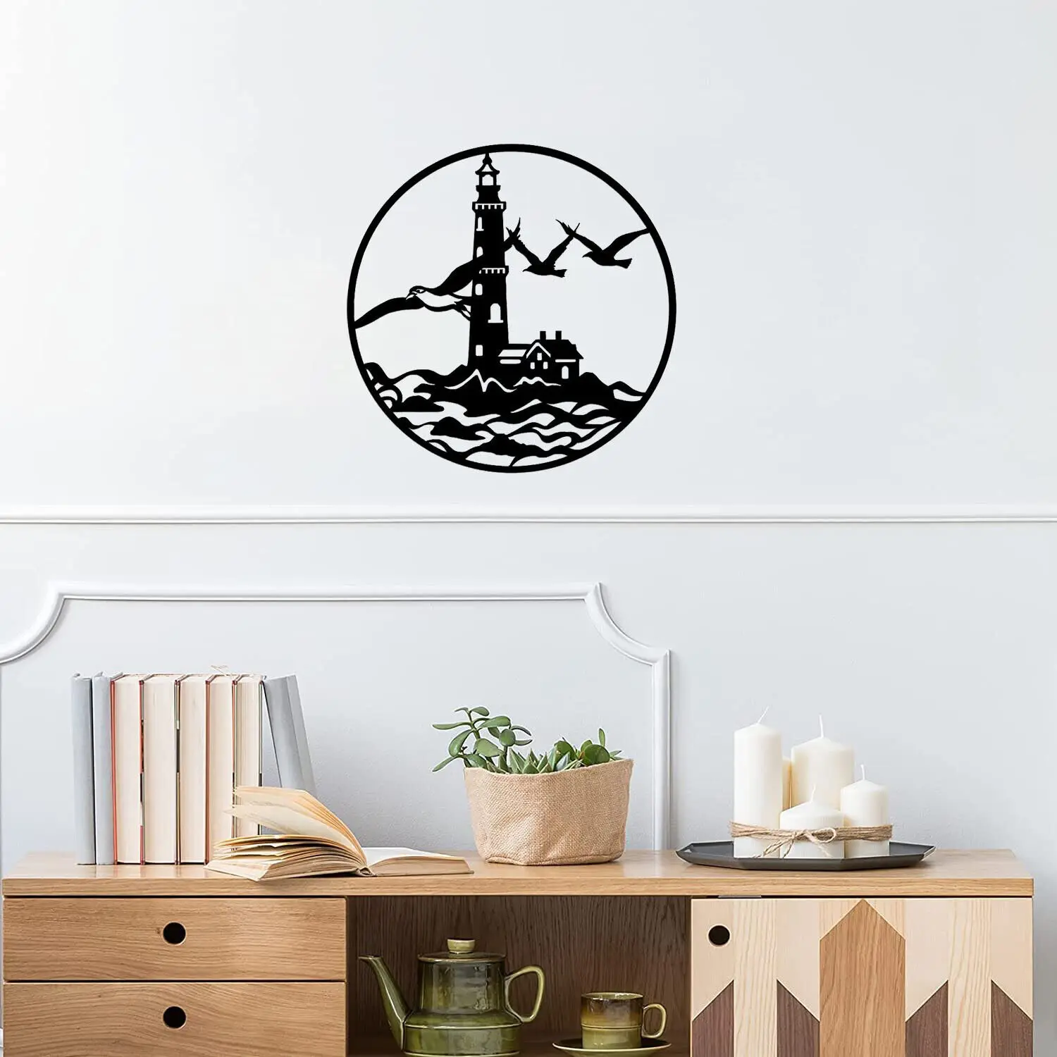 

Vintage Beach Lighthouse Metal Wall Art Coastal Seascape Seagull Wall Sculpture