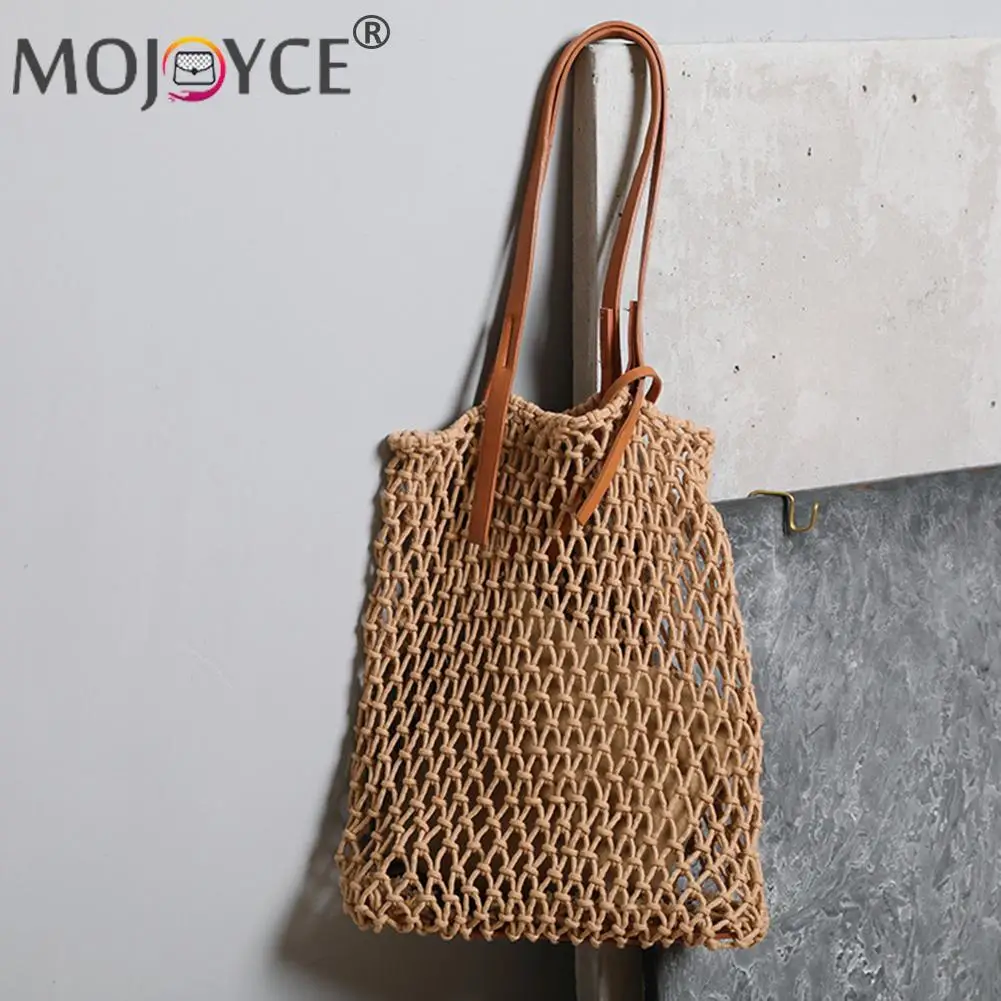 

Casual All-match Reusable Straw Cotton Mesh Shoulder Bag Summer Beach Vacation Women Hollow Hand Woven Shopping Handbags