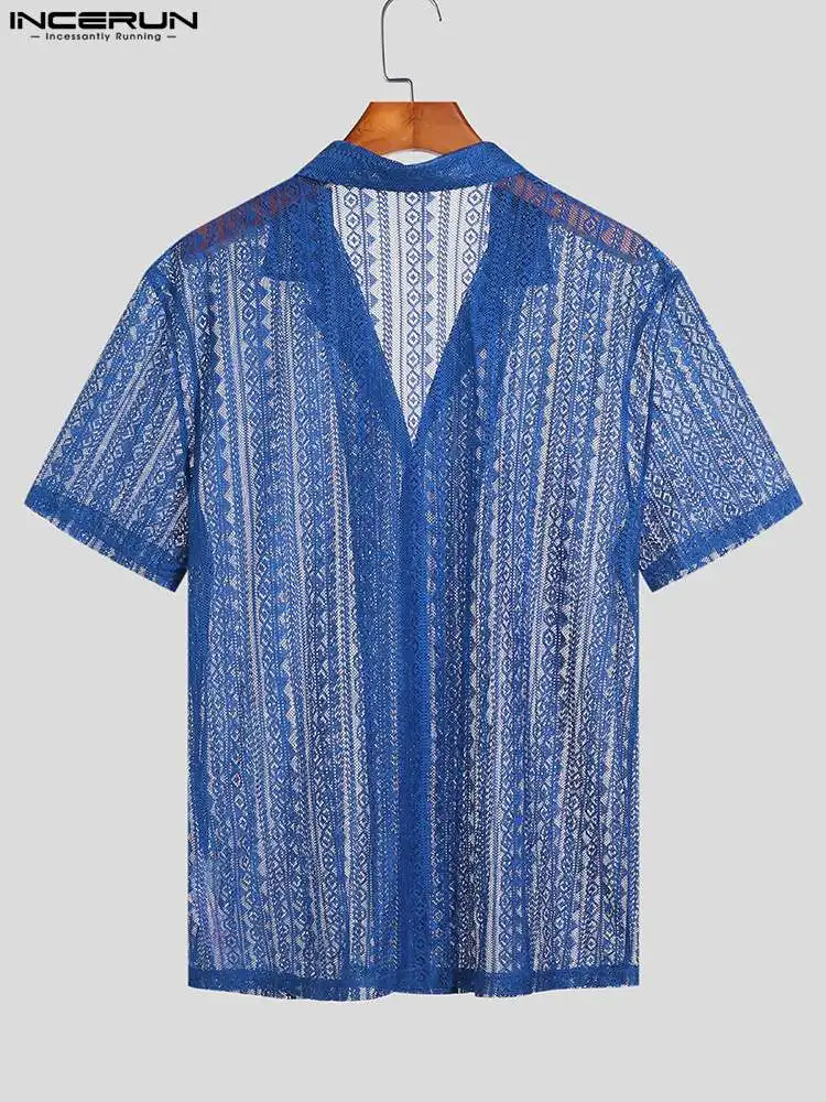 Casual Comfortable Lace Tops INCERUN New Men Fashion Hollow Blouse Sexy Male See-through Printing Short Sleeve Thin Shirts S-5XL