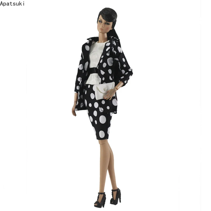 1Set Black Polka Dot Clothes Set Suit for Barbie Doll Fashion Outfit Jacket Top Skirt Handbag Purse 1/6 Dolls Accessories Toys