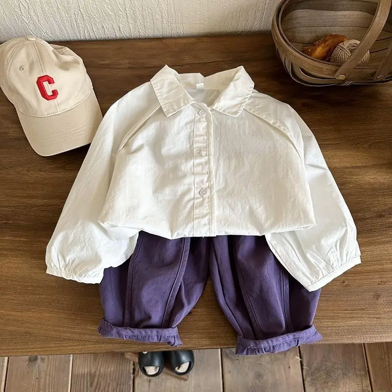 

Boys Sets 2023 Spring Shirts Turn-down Collar Single Breasted Pants Elastic Waist Loose Cotton Solid Cool Handsome Children