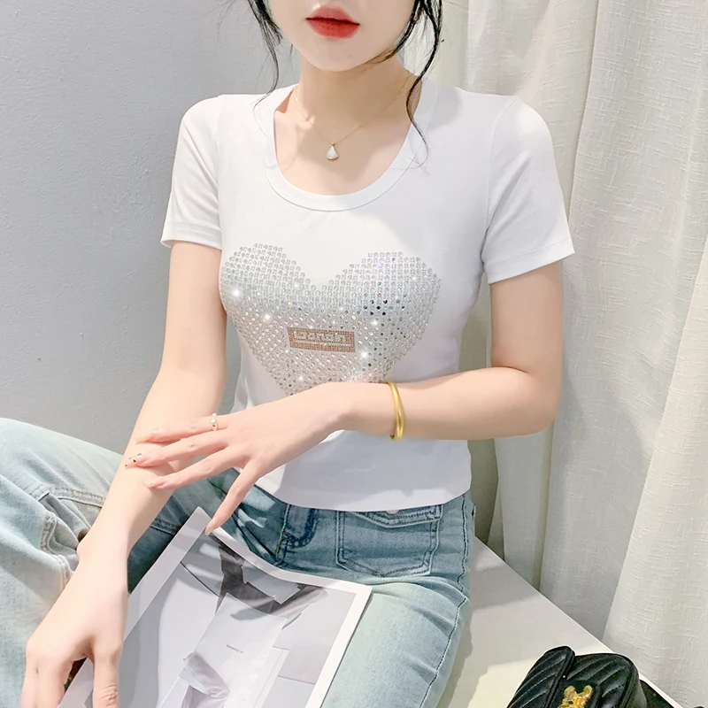 Женская хлопковая футболка с коротким рукавом облегающая блестящими