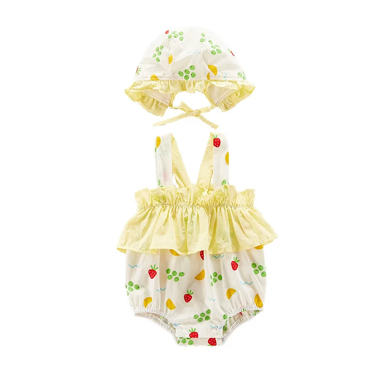 

Summer BABY BODYSUIT thin female baby flower triangle Khaki net red newborn creeper (send hat)