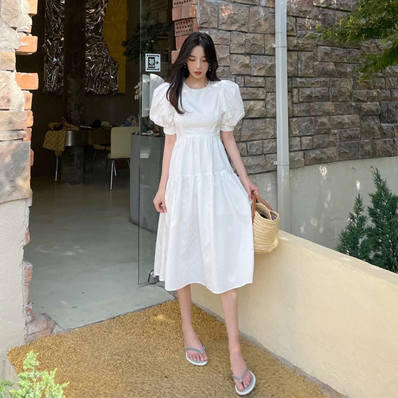 

COIGARSAM Women Dress Puff Sleeve O-Neck White Dresses Dropshipping