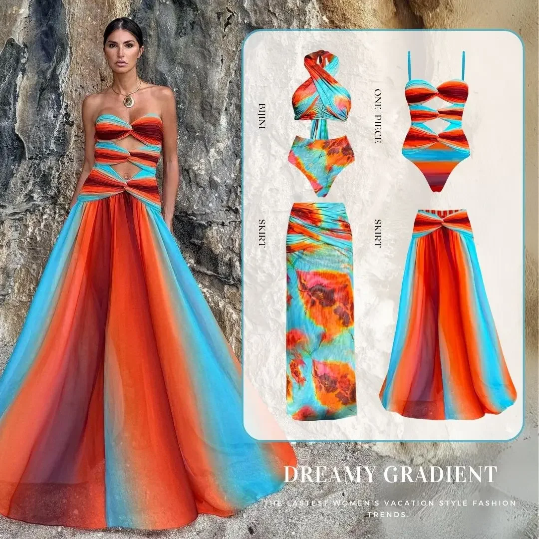 Слитный купальник и юбка с градиентом сине-оранжевого цвета Женская пляжная