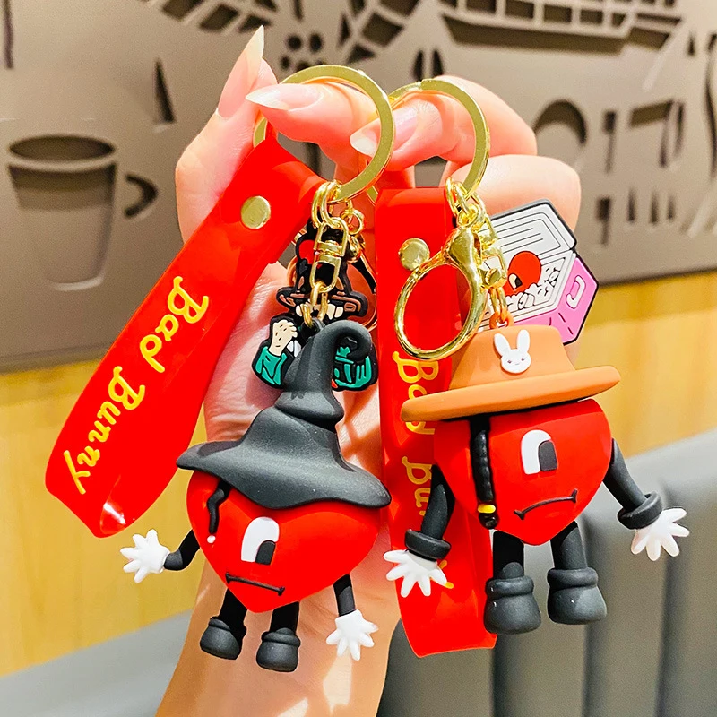

New 3D Bad Bunny Keychain PVC pumpkin Red Love Heart Keyring Jewelry Halloween Theme toy Key Pendant Gift