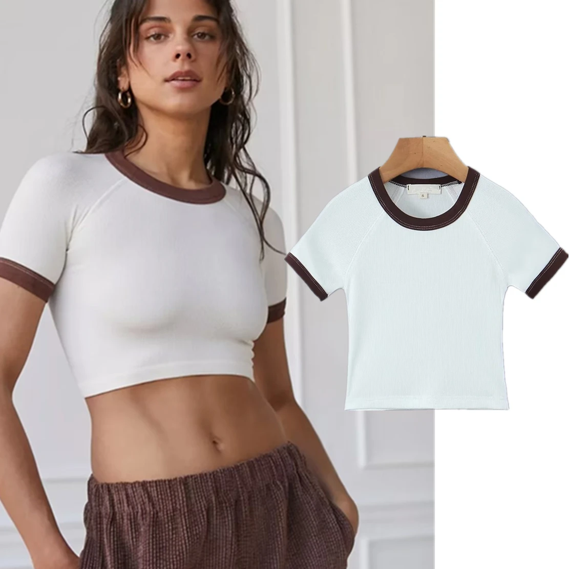 

Withered 2023 Summer Tshirts Fashion High Street Contrast Color Rib White T-shirts Women Crop Tops