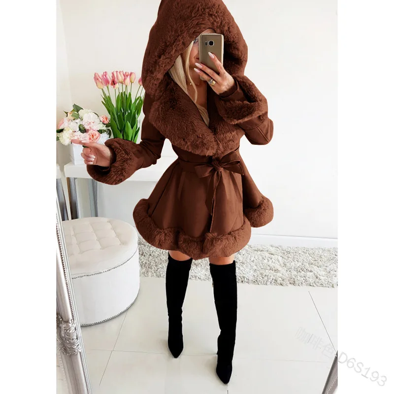 Women Fashion Winter PU Leather Hooded Jackets Ruffled Hem Coats Bandage Elegant Solid Faux Fur Warm Jackets Female Overcaot New