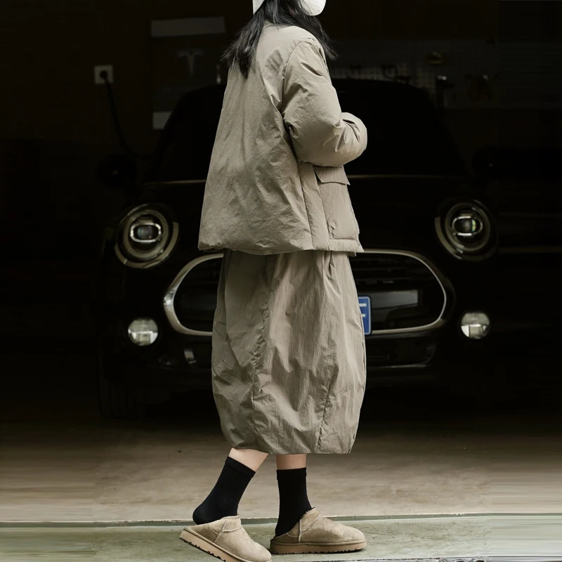 Casual Winter Pockets Down jacket Adjustable waist skirt Warm 2023 New Women Black 2 Piece set Puffer coat Parkas INKEO 2O404