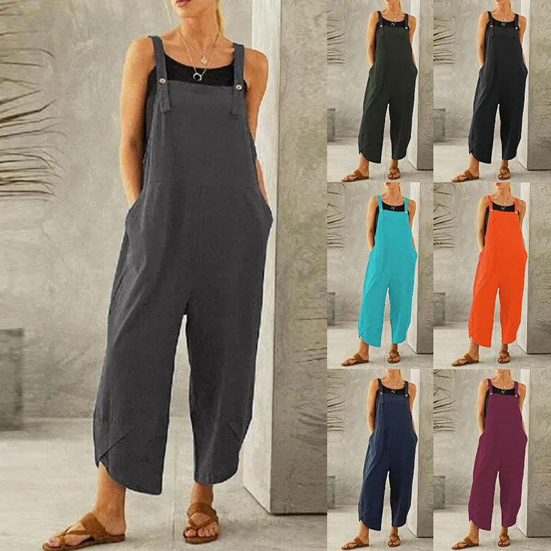 

Summer Vintage Jumpsuit Women 2023 Wide Leg Pockets Overalls Loose Romper Womens Jumpsuits Monos Mujer Elegante