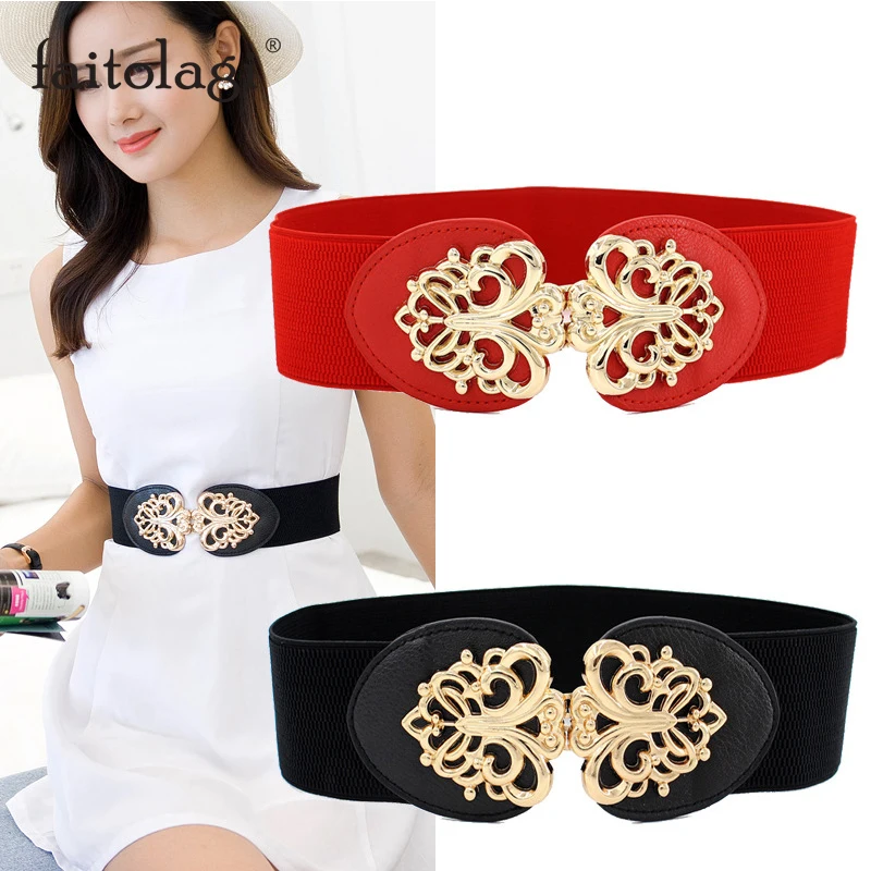 

Retro Gold Hollow Out Carved Flower Buckle Belts Women Lady Elastic Wide Nylon Solid Color Waist Belt Dress Coat Decor Waistband