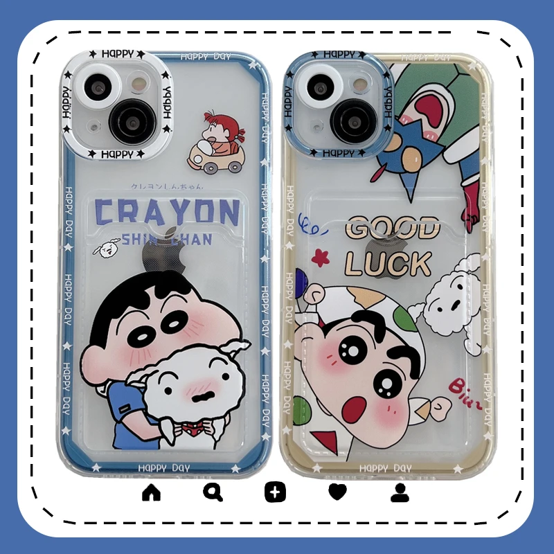 

Bandai Funny Crayon Shin-chan Card Bag Clear Phone Case for iPhone 13 12 11 Pro Max Xs Xr X XsMax 8 7 Plus High Quality Cover