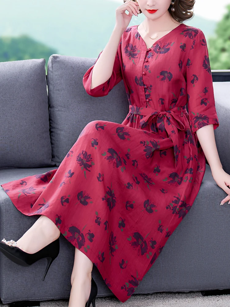 

2023 Spring Summer Midi Party Vintage Dress Women Cotton Tuniki Korean Fashion Red Floral Bodycon Casual Elegant Longue Vestidos