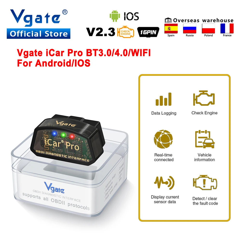 Vgate iCar Pro elm327 V2.3 OBD 2 OBD2 Car diagnostic Scanner WIFI Bluetooth-Compatible 4.0 Auto Scan Tool ODB2 PK ELM 327 V 1 5
