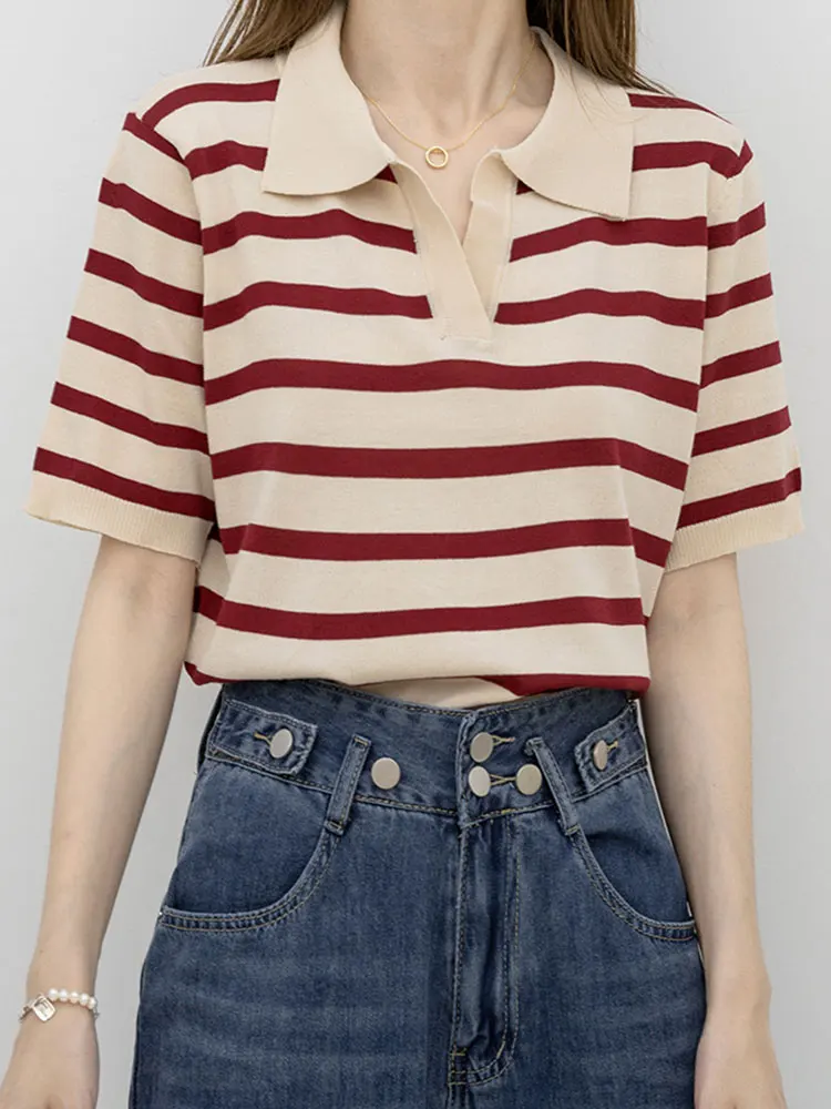 

Summer Stripe T-shirts Tops Women Thin Knit Tshirt Korean Fashion Casual T Shirts Femme All-match Knitted Women's Clothes Tees