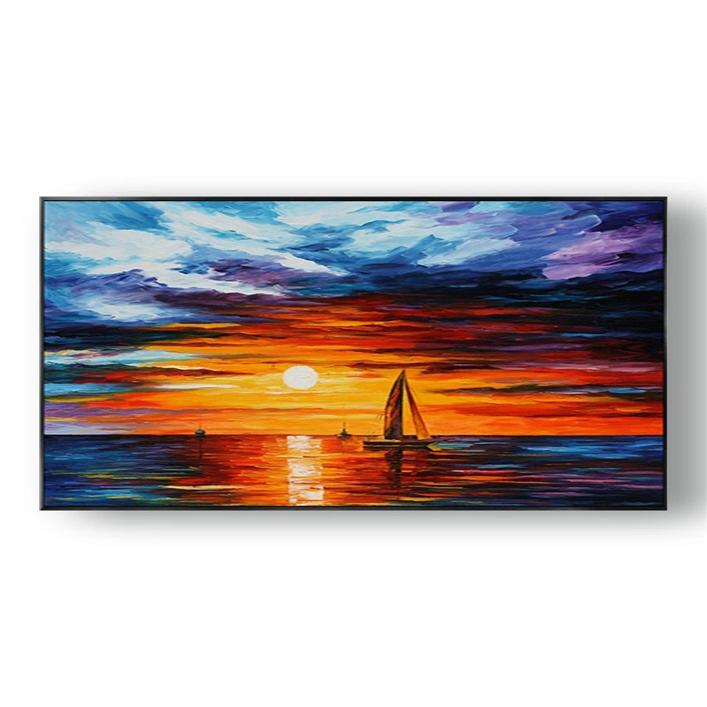 

Hand Painted Oil Paintings On Canvas No Frame Sea View Fire Cloud Sailing Boat For Living Room Mural Modern Home Decor Art