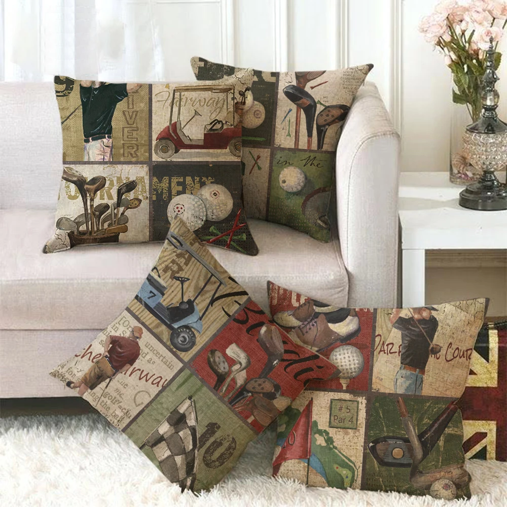 

Retro Golf Course Style hrow Pillow Covers Square Cotton Linen Cushion Cover for Sofa Bedroom Car Home Decor18 x 18 Inch