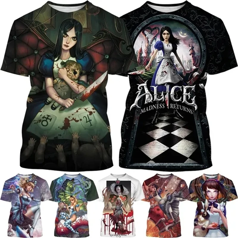 

New Alice Cartoon Short-sleeved Street 3D Print T-shirt Men And Women Dark Fairy Tale Casual 3D Printed Tops T Shirts Breathable